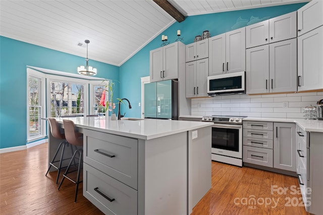 kitchen with appliances with stainless steel finishes, vaulted ceiling with beams, a sink, and decorative backsplash