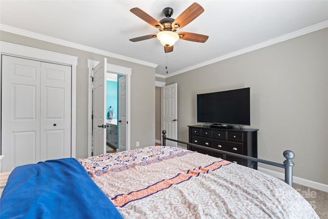 carpeted bedroom featuring a ceiling fan, baseboards, ornamental molding, and a closet