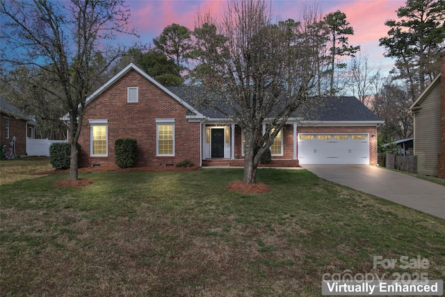 view of front of house featuring brick siding, concrete driveway, an attached garage, crawl space, and fence