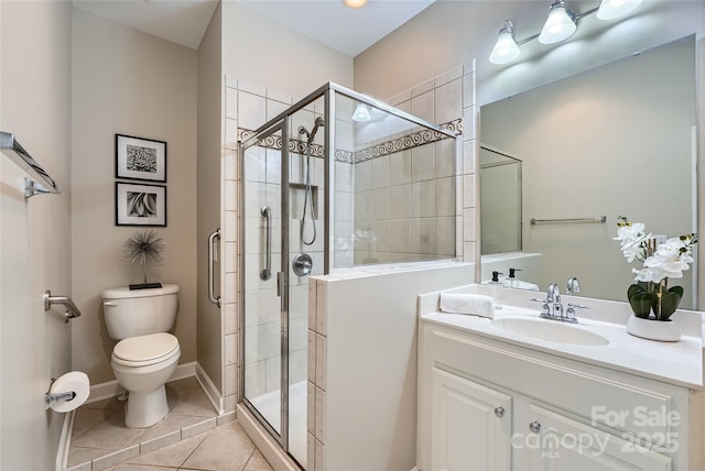 full bath featuring tile patterned floors, toilet, a stall shower, and vanity