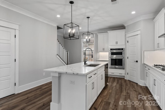 kitchen with dark wood-style floors, a sink, and crown molding