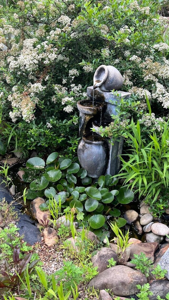 exterior details with a small pond