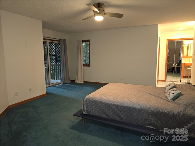 bedroom with baseboards, a ceiling fan, access to outside, a textured ceiling, and carpet floors