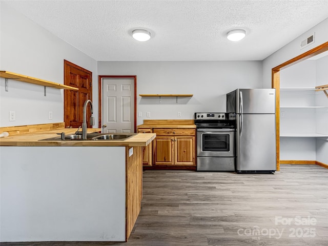 kitchen with visible vents, a peninsula, stainless steel appliances, open shelves, and a sink