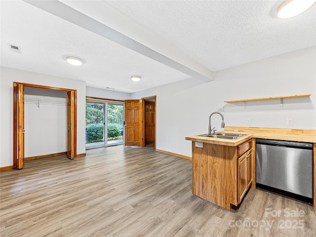 kitchen with light wood finished floors, visible vents, stainless steel dishwasher, open shelves, and a sink