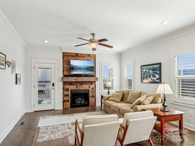 living area featuring a large fireplace, ornamental molding, and wood finished floors