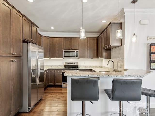 kitchen with decorative backsplash, appliances with stainless steel finishes, a sink, wood finished floors, and a peninsula