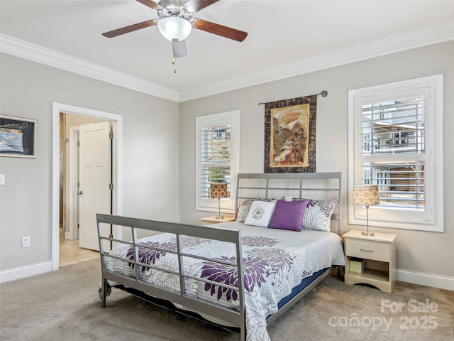 bedroom featuring baseboards, multiple windows, carpet, and crown molding