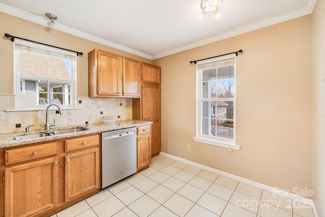 kitchen featuring ornamental molding, a sink, backsplash, stainless steel dishwasher, and light stone countertops