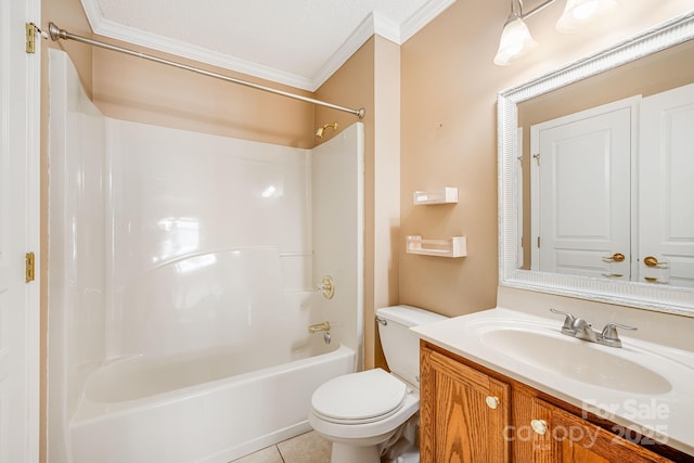 bathroom featuring vanity, tile patterned flooring, crown molding, toilet, and shower / bathtub combination