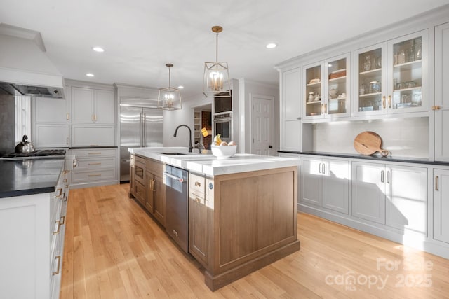 kitchen with custom exhaust hood, stainless steel appliances, light wood-style flooring, a sink, and an island with sink