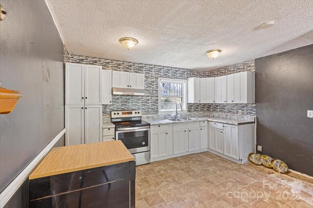 kitchen featuring white cabinets, stainless steel electric range, under cabinet range hood, and a sink