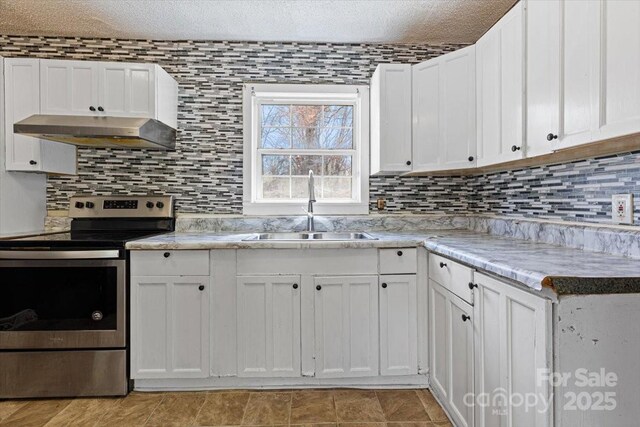 kitchen with tasteful backsplash, range hood, stainless steel range with electric cooktop, and a sink