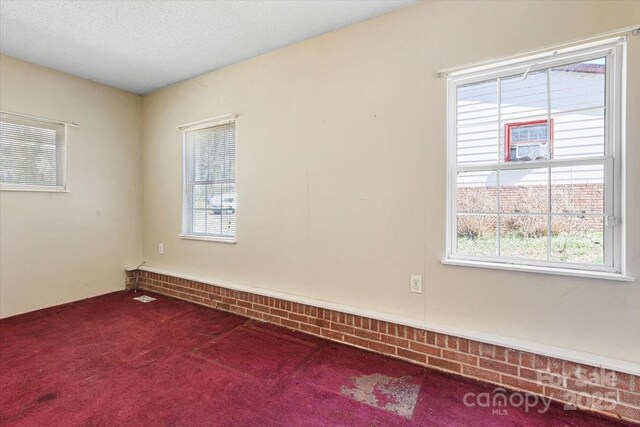 unfurnished room featuring a textured ceiling, a healthy amount of sunlight, and dark carpet