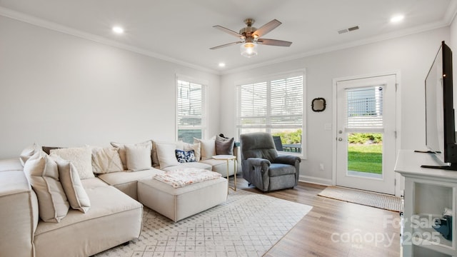 living room featuring recessed lighting, a ceiling fan, light wood-style floors, visible vents, and crown molding