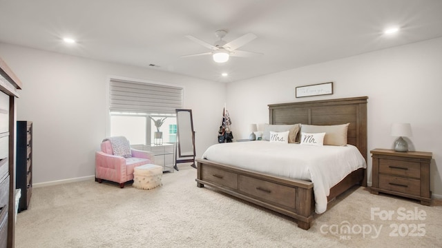 bedroom with carpet, baseboards, ceiling fan, and recessed lighting