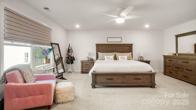 bedroom featuring recessed lighting, baseboards, visible vents, and light colored carpet