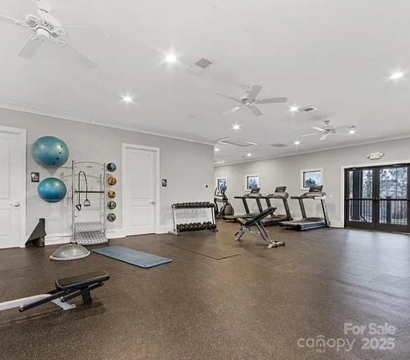 gym featuring baseboards, recessed lighting, a ceiling fan, and crown molding