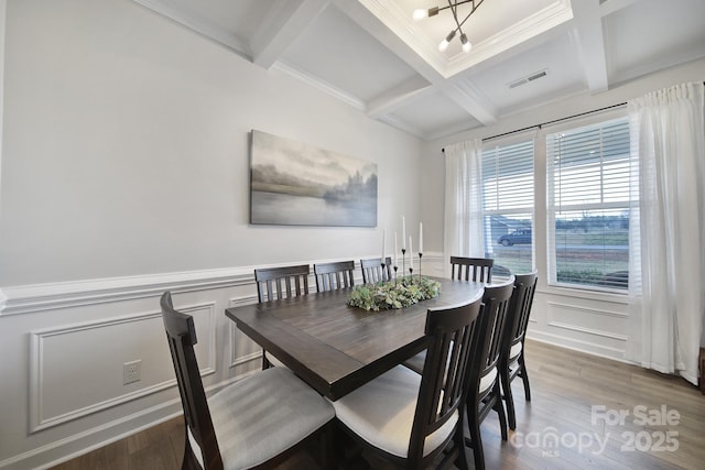 dining space with visible vents, coffered ceiling, a wainscoted wall, beamed ceiling, and wood finished floors