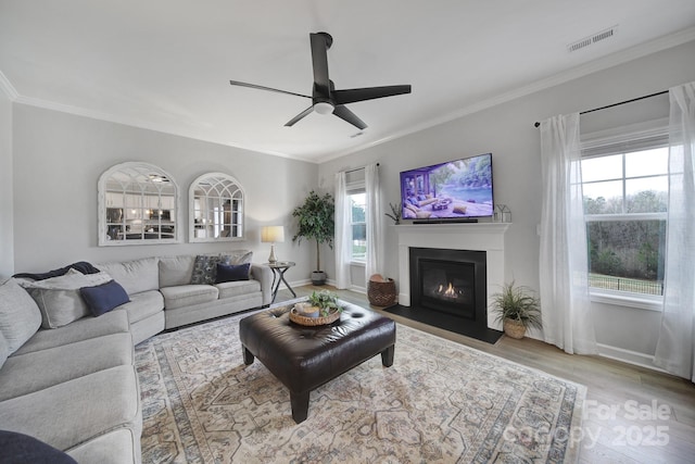 living area with a fireplace with flush hearth, visible vents, crown molding, and wood finished floors