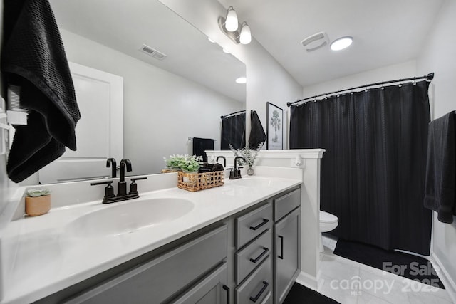 full bathroom featuring visible vents, a sink, toilet, and double vanity