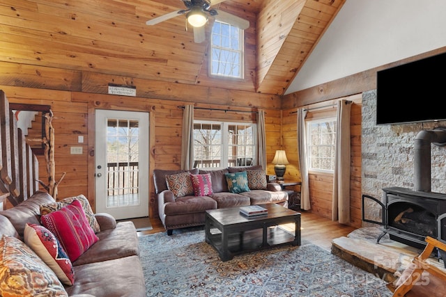 living room featuring a wood stove, plenty of natural light, wood finished floors, and wood walls