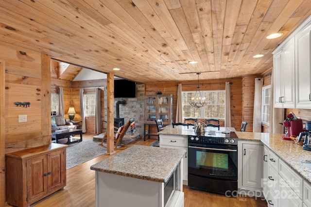 kitchen featuring black range with electric cooktop, wood walls, a peninsula, a wood stove, and white cabinetry