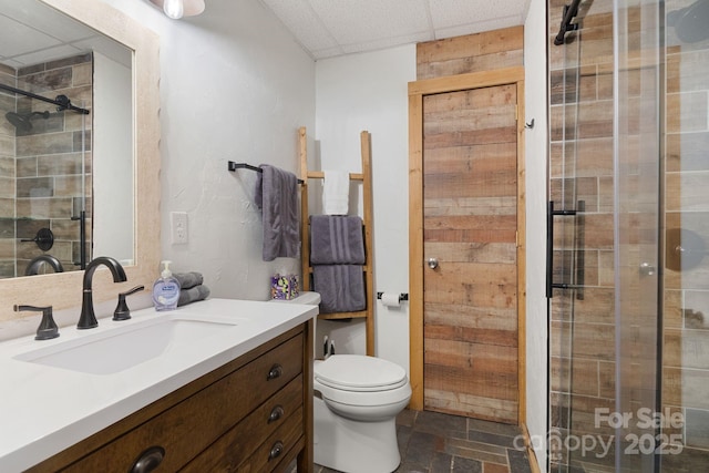 bathroom with vanity, a shower stall, toilet, and a paneled ceiling