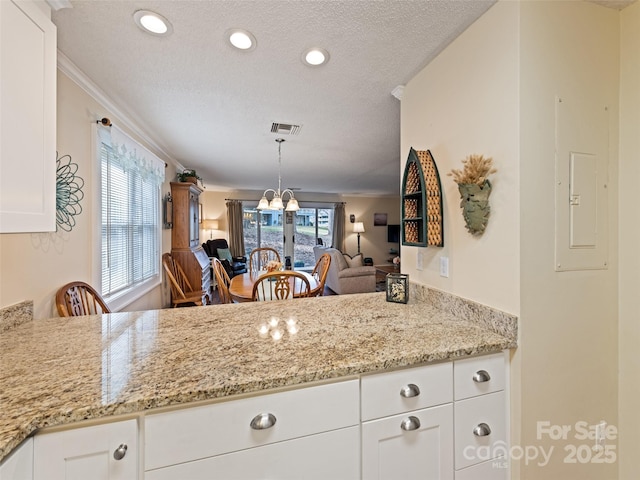 kitchen featuring a wealth of natural light, electric panel, ornamental molding, and a notable chandelier