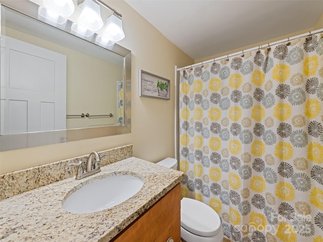 full bath with toilet, a shower with curtain, and vanity