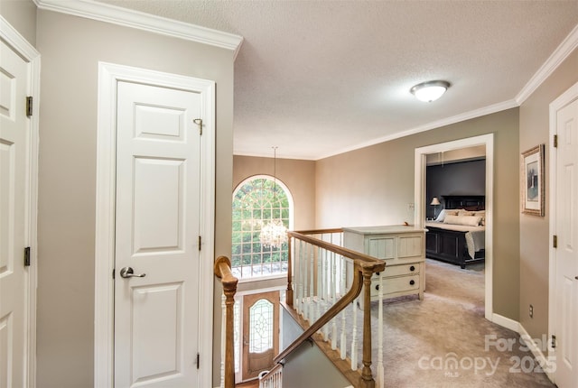 4825 1st Street Ct NW, Hickory, NC 28601 - hallway with an upstairs landing, light carpet, crown molding, a textured ceiling, and baseboards