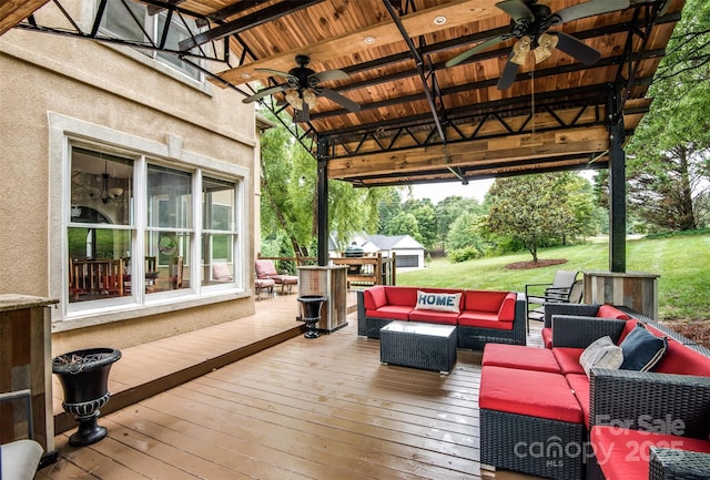 4825 1st Street Ct NW, Hickory, NC 28601 - deck with a ceiling fan, an outdoor hangout area, and a lawn