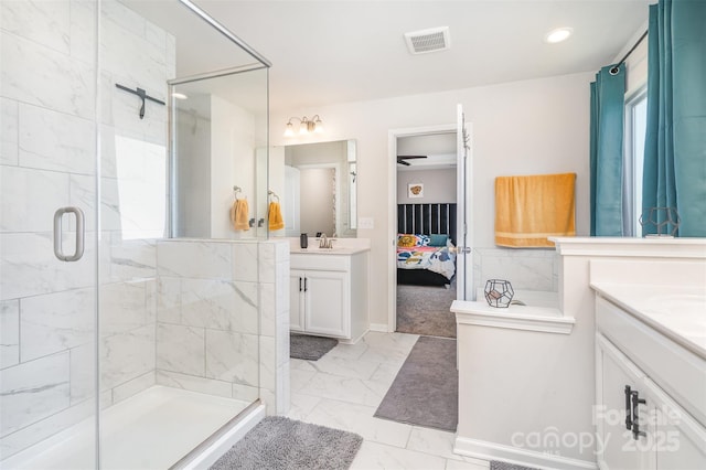 full bath featuring visible vents, marble finish floor, a stall shower, ensuite bath, and vanity