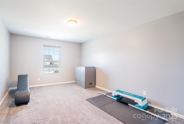 workout room featuring baseboards and carpet flooring