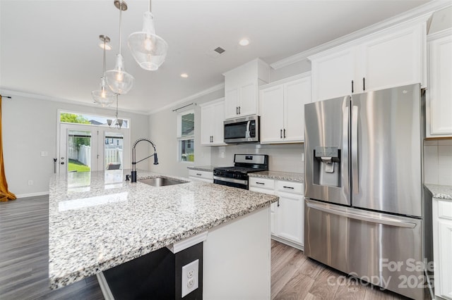 19113 Hawk Haven Ln, Charlotte, NC 28278 - kitchen featuring appliances with stainless steel finishes, light wood-type flooring, ornamental molding, an island with sink, and white cabinets