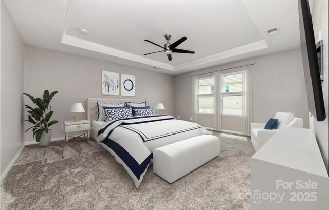 19113 Hawk Haven Ln, Charlotte, NC 28278 - bedroom featuring a tray ceiling, crown molding, carpet floors, and ceiling fan
