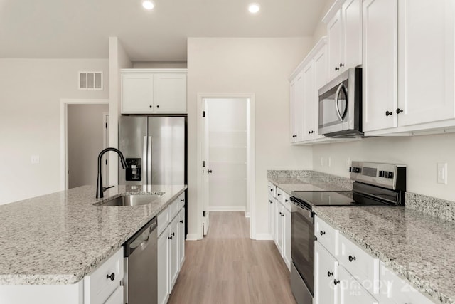 kitchen with stainless steel appliances, white cabinets, visible vents, and a sink