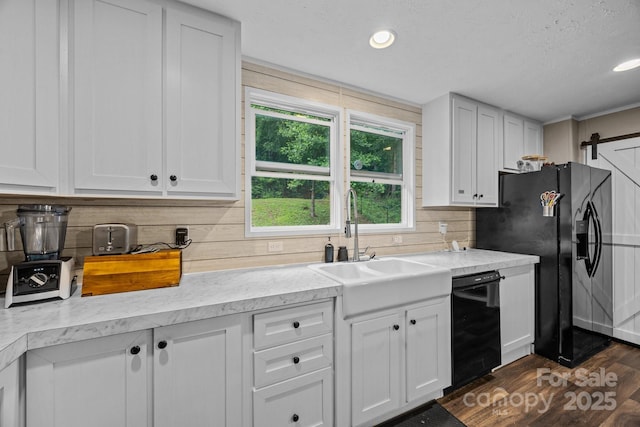 11 Pyrite Way, Asheville, NC 28806 - kitchen featuring black appliances, dark wood finished floors, a sink, tasteful backsplash, and white cabinetry