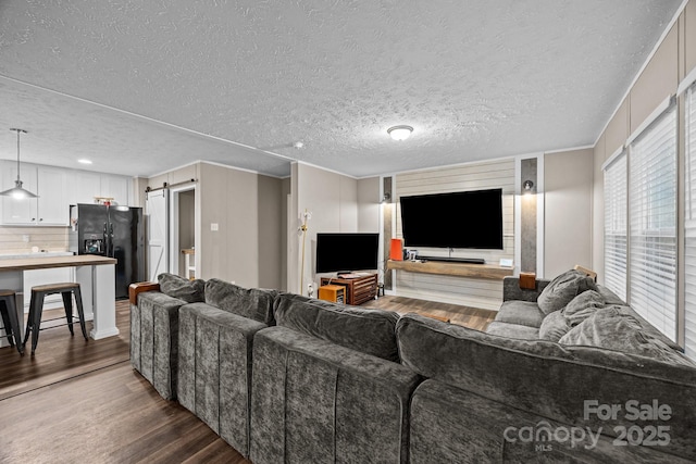 11 Pyrite Way, Asheville, NC 28806 - living room with dark wood-style flooring, a barn door, and a textured ceiling