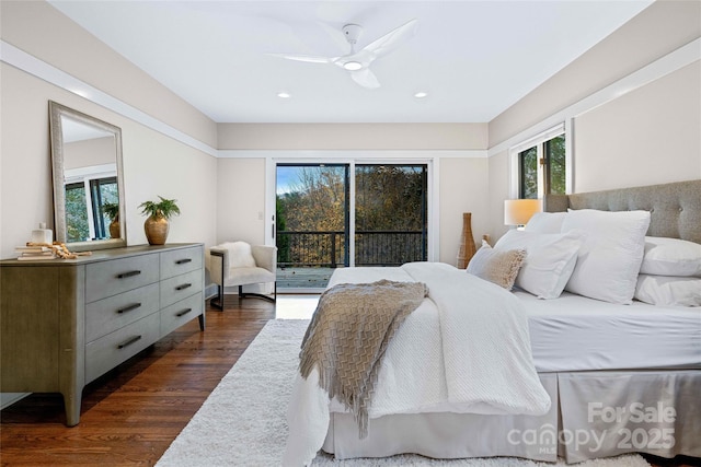 bedroom featuring access to outside, a ceiling fan, dark wood-style flooring, and recessed lighting