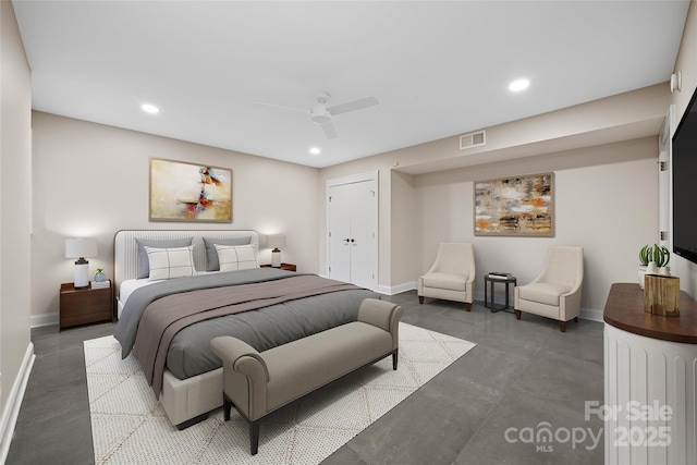 bedroom featuring baseboards, concrete floors, visible vents, and recessed lighting