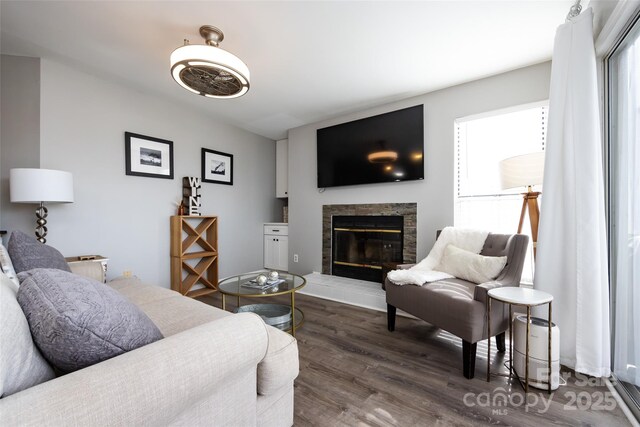 living room featuring dark wood-style flooring and a stone fireplace