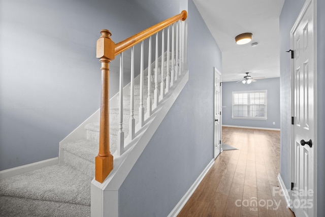 stairway featuring hardwood / wood-style flooring, ceiling fan, and baseboards