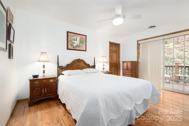 bedroom with visible vents, a ceiling fan, light wood finished floors, baseboards, and access to exterior