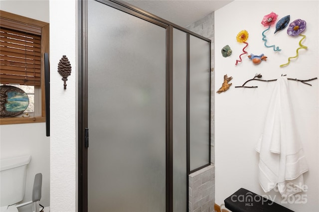 bathroom with a shower stall and toilet