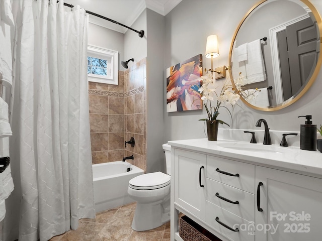 full bath featuring ornamental molding, toilet, shower / bathtub combination with curtain, and vanity