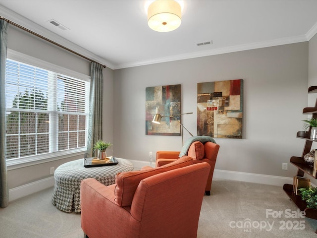 living area featuring ornamental molding, carpet floors, baseboards, and visible vents