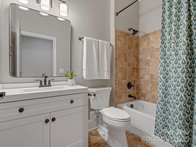 bathroom with toilet, shower / tub combo with curtain, tile patterned flooring, and vanity