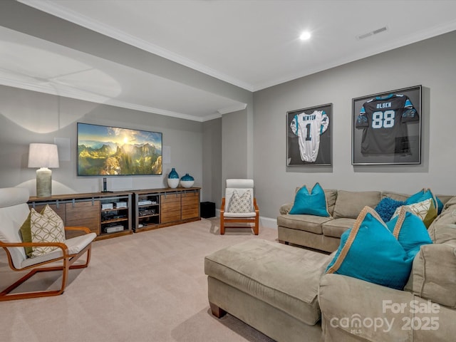 living area featuring crown molding, visible vents, recessed lighting, carpet floors, and baseboards