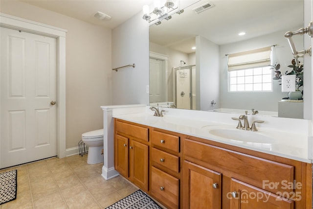 full bath with a stall shower, tile patterned flooring, visible vents, and a sink